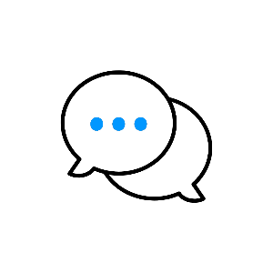 Outline of a speech bubble with three blue dots inside on a white background